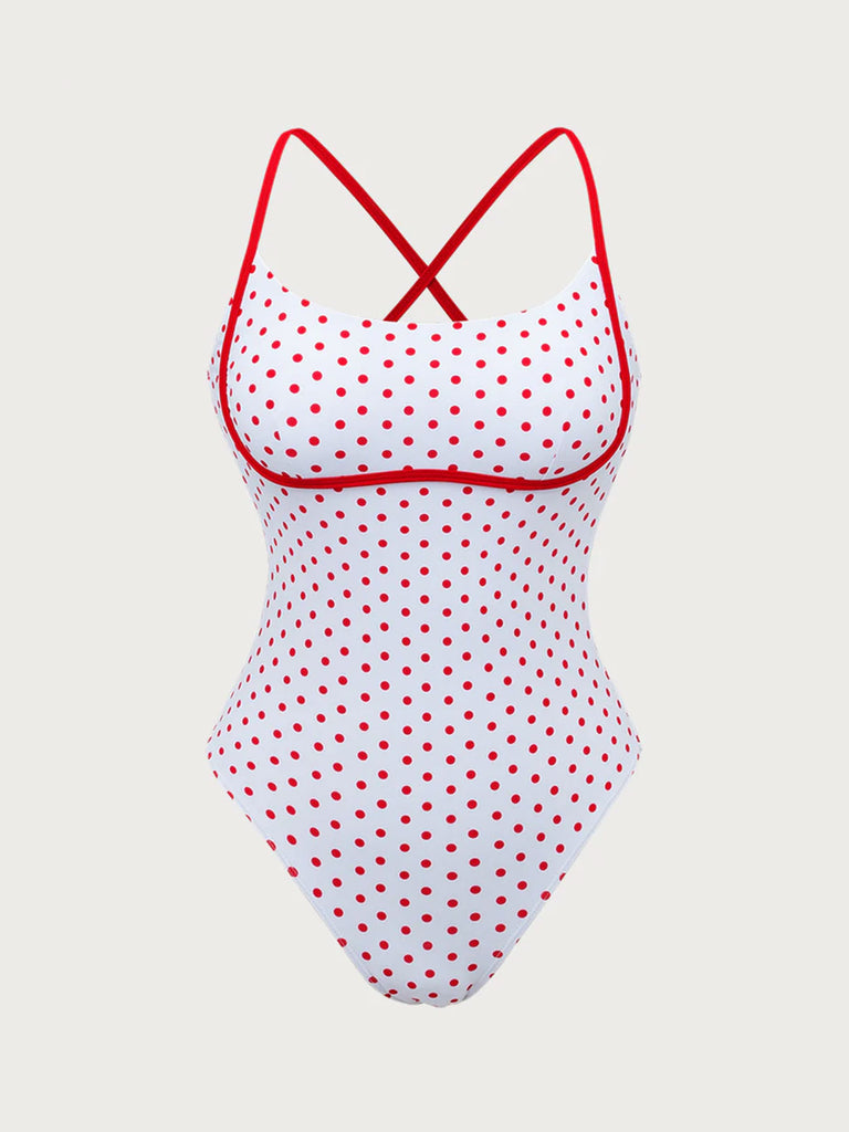 Red Contrast Polka Dot One-Piece Swimsuit