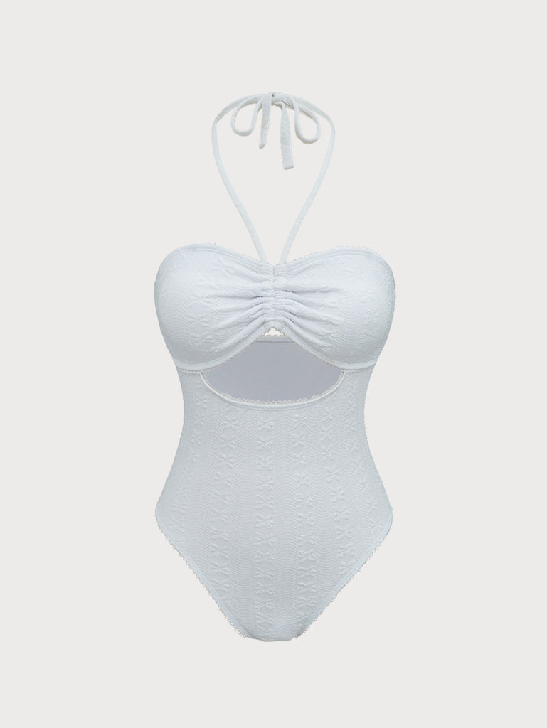 White Ruched Halter One-Piece Swimsuit