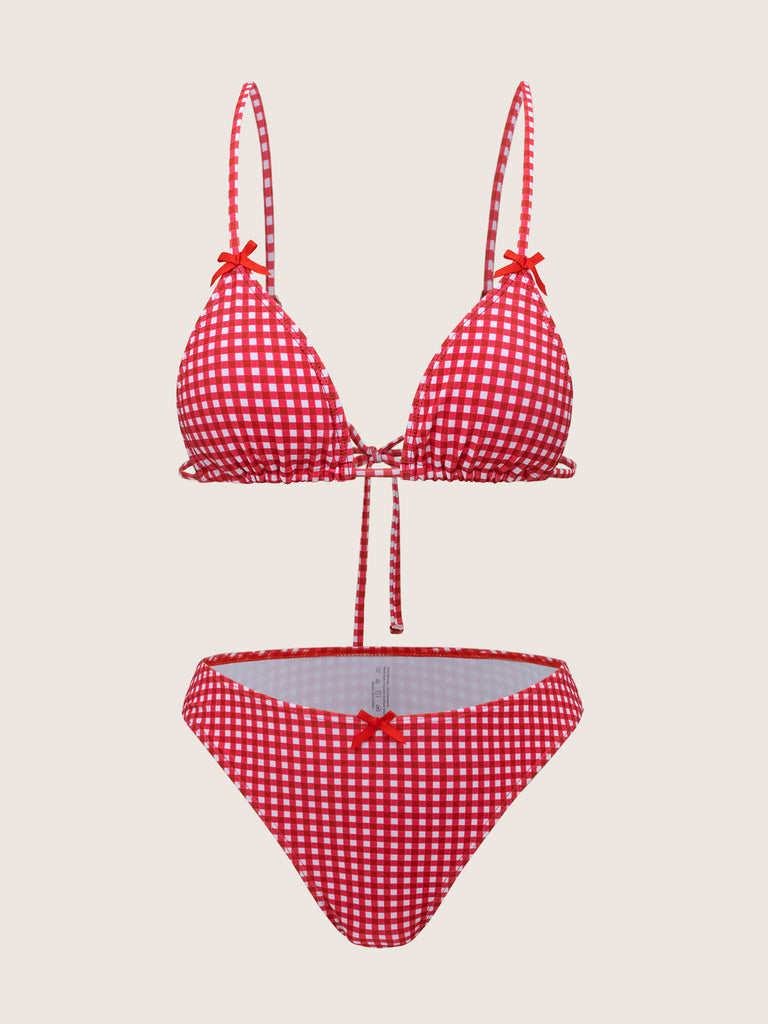 Women'S Polyester Knitted Printed Plaid Bow Bikini Set Plaid Red Bikinis - RIHOAS