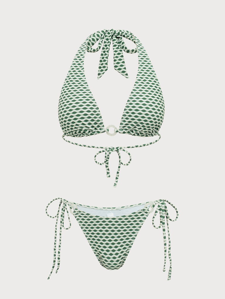 Green Wave Print Hoop Bikini Set