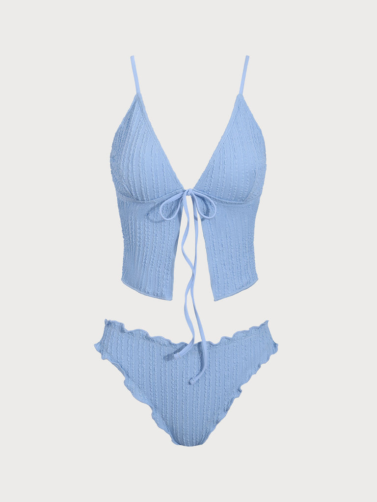 Blue Jacquard Tie-Front Tankini Swimsuit