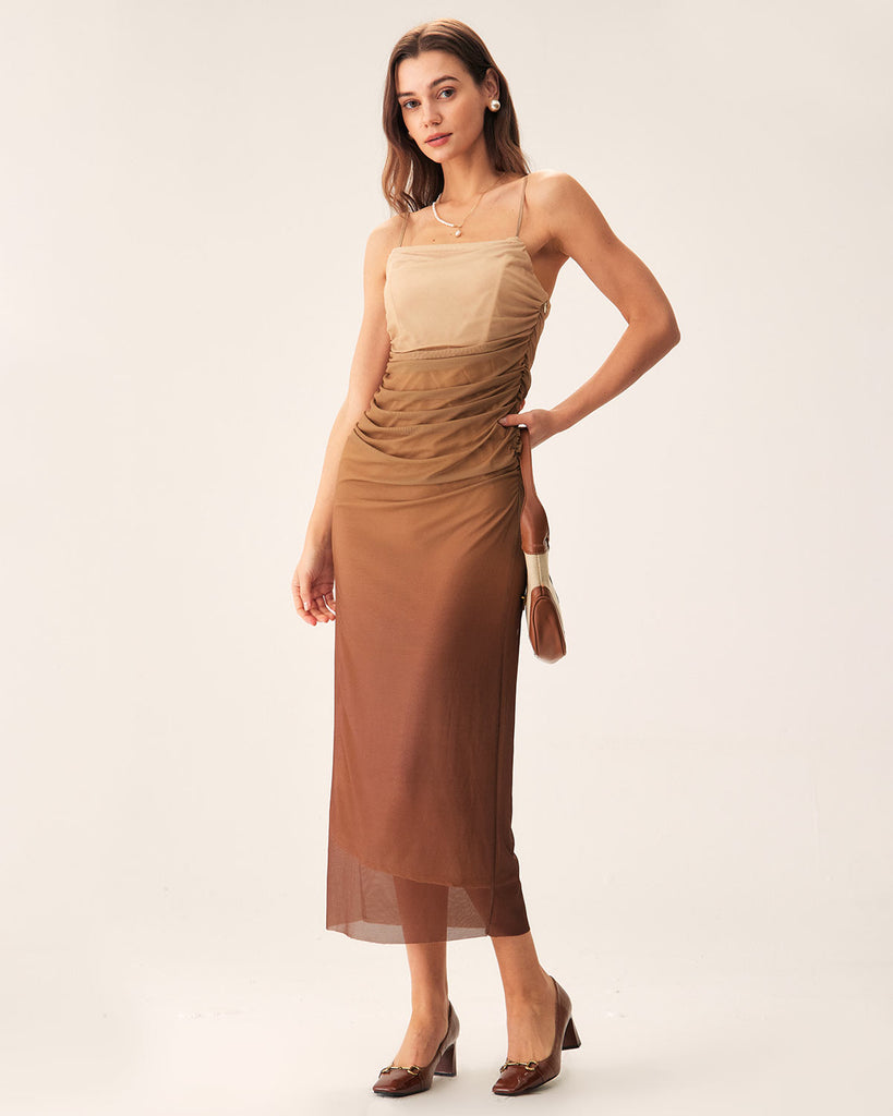 Brown Ruched Mesh Slip Midi Dress