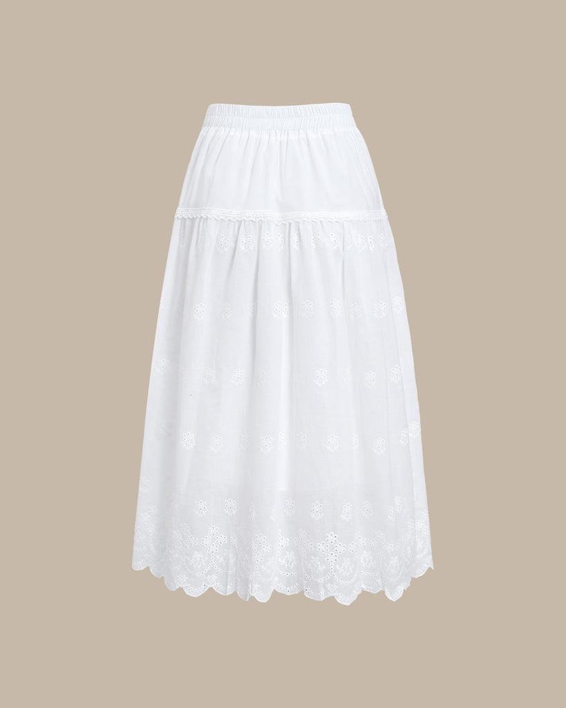 White Embroidery A-Line Midi Skirt