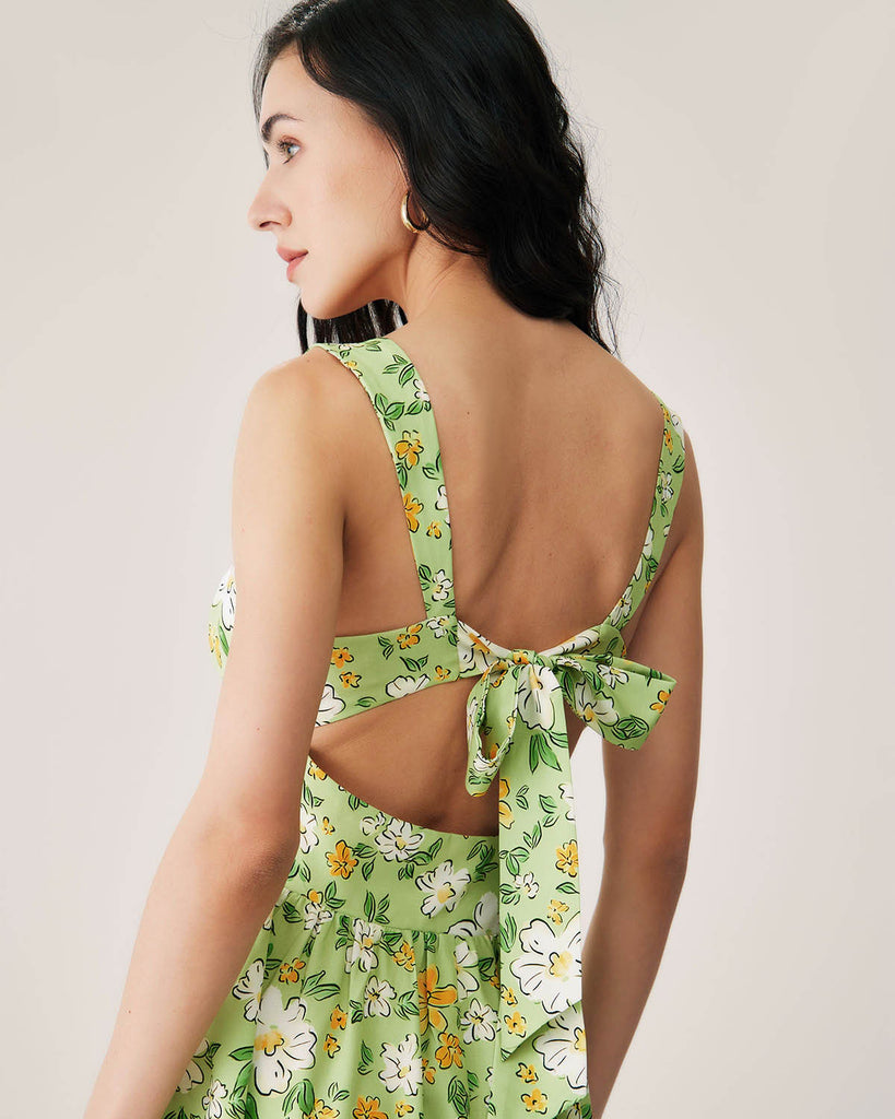 Green Floral Backless Maxi Dress