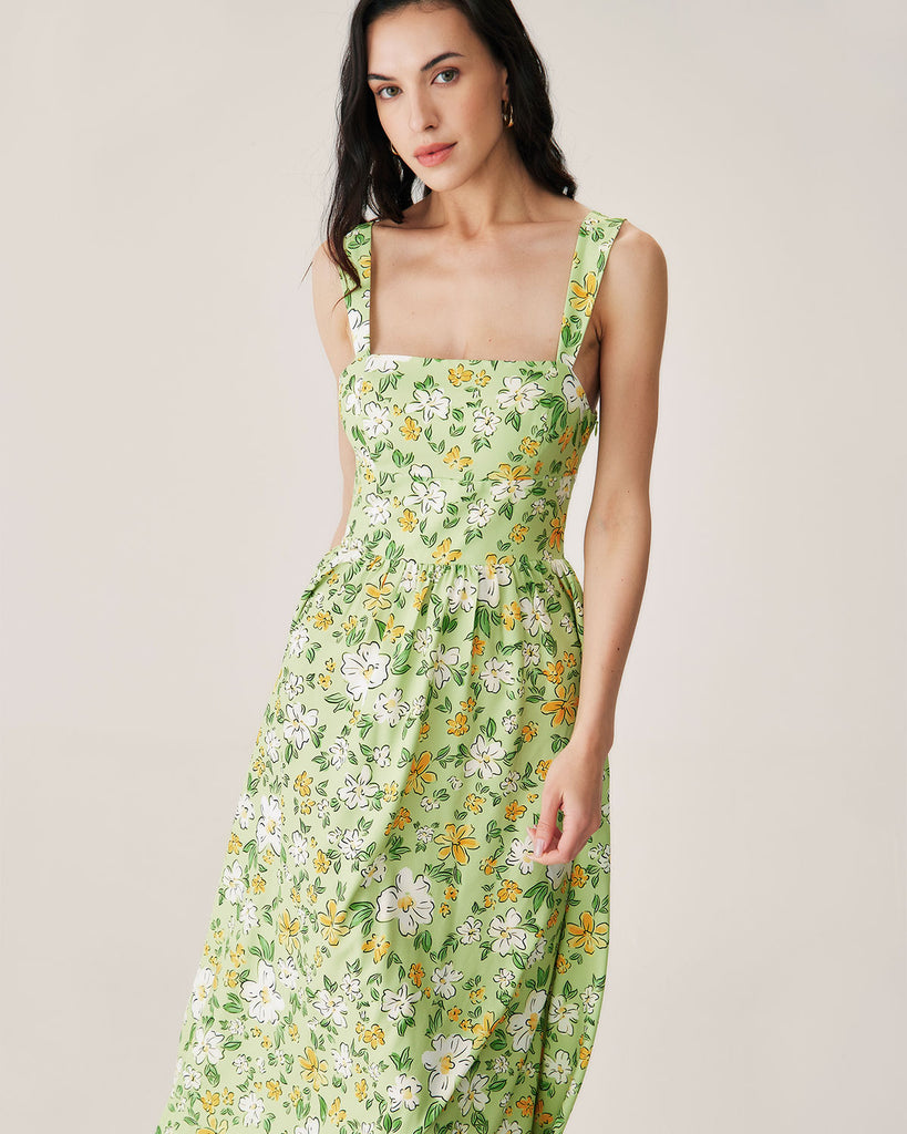 Green Floral Backless Maxi Dress