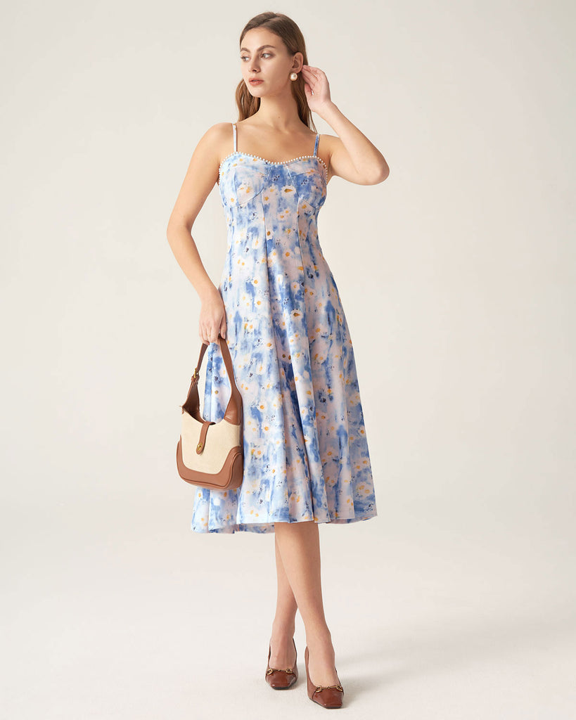 Blue Floral Sweetheart Neck Midi Dress