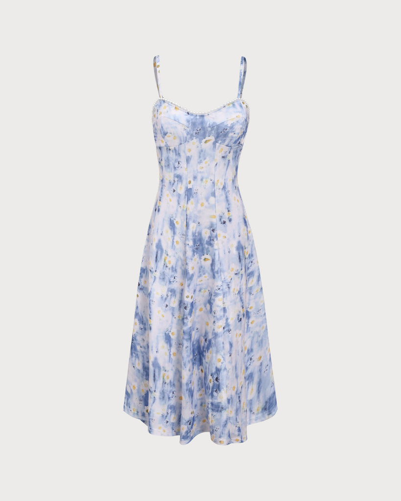 Blue Floral Sweetheart Neck Midi Dress