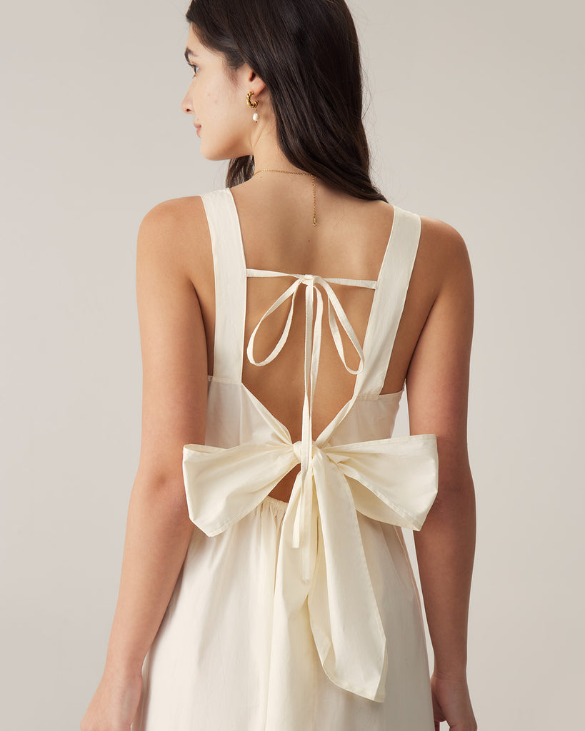 Beige Square Neck Backless Slip Midi Dress