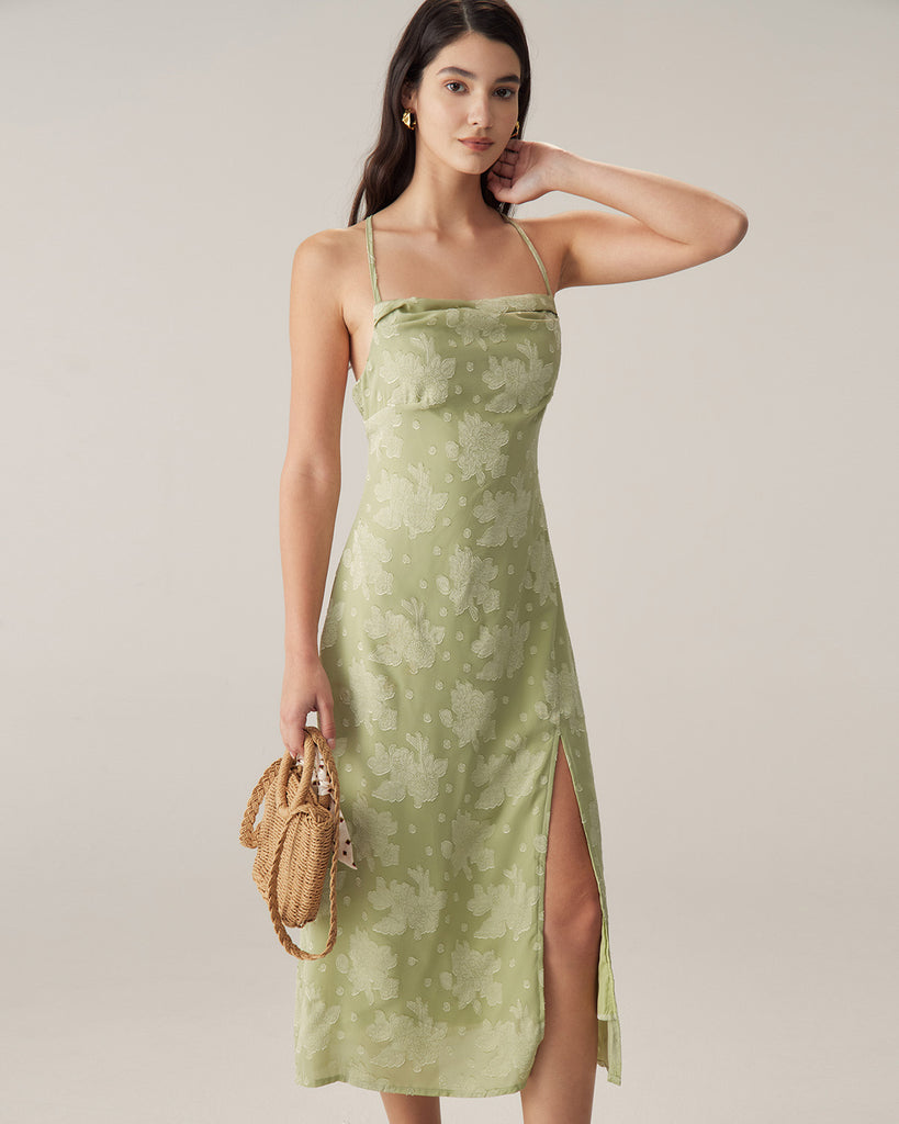 Green Jacquard Backless Slip Midi Dress