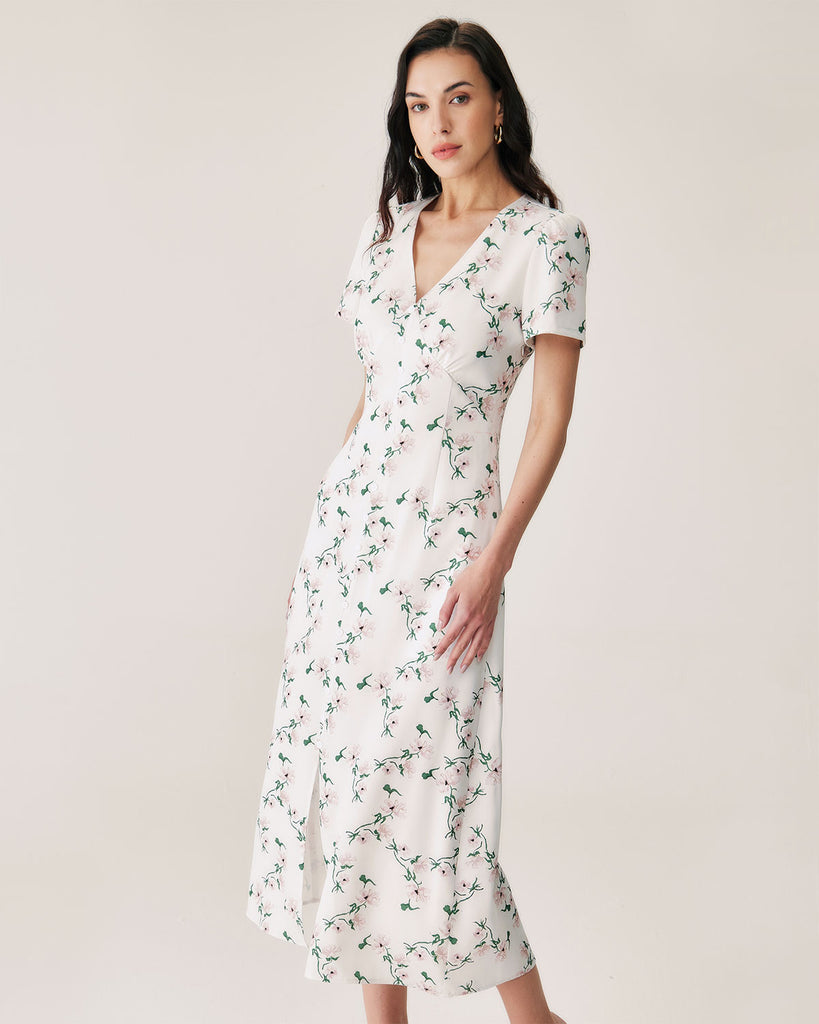 White Floral V-Neck Maxi Dress