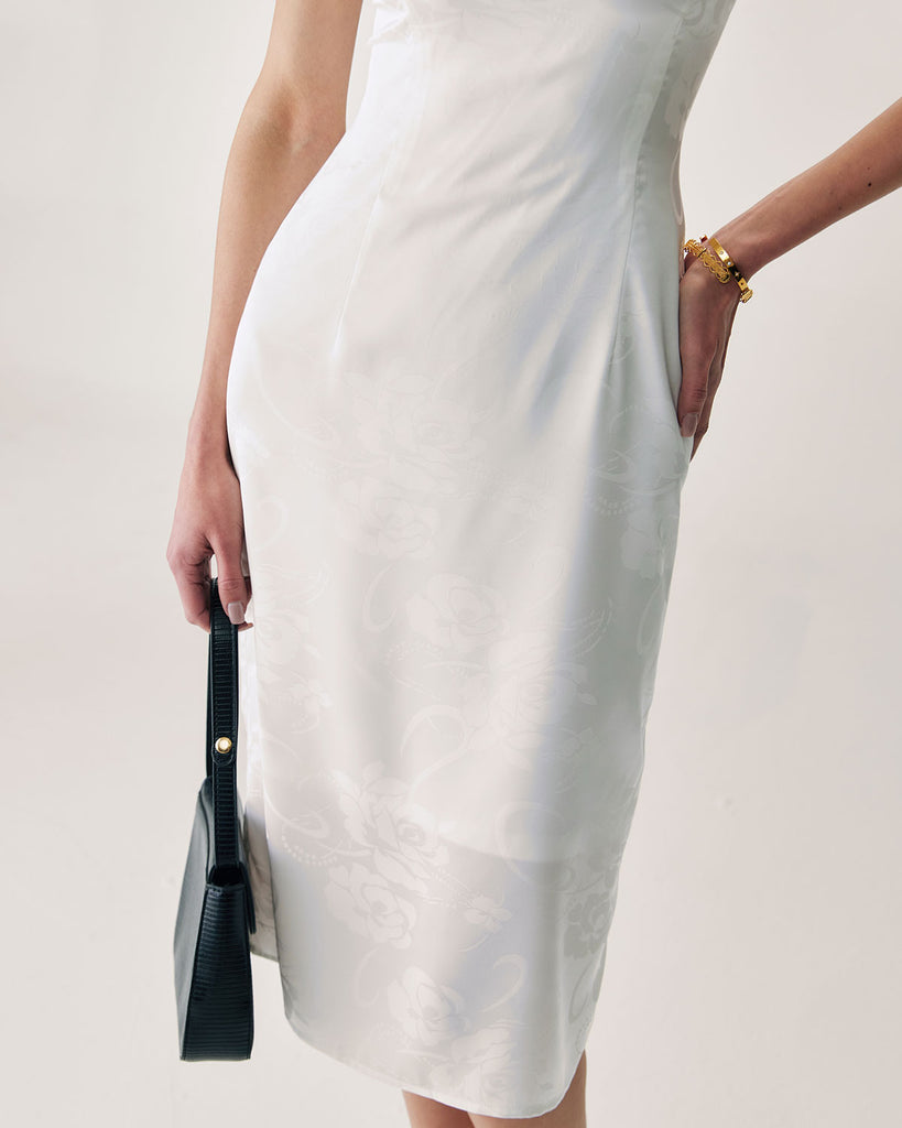 White Beaded Strap Slip Midi Dress