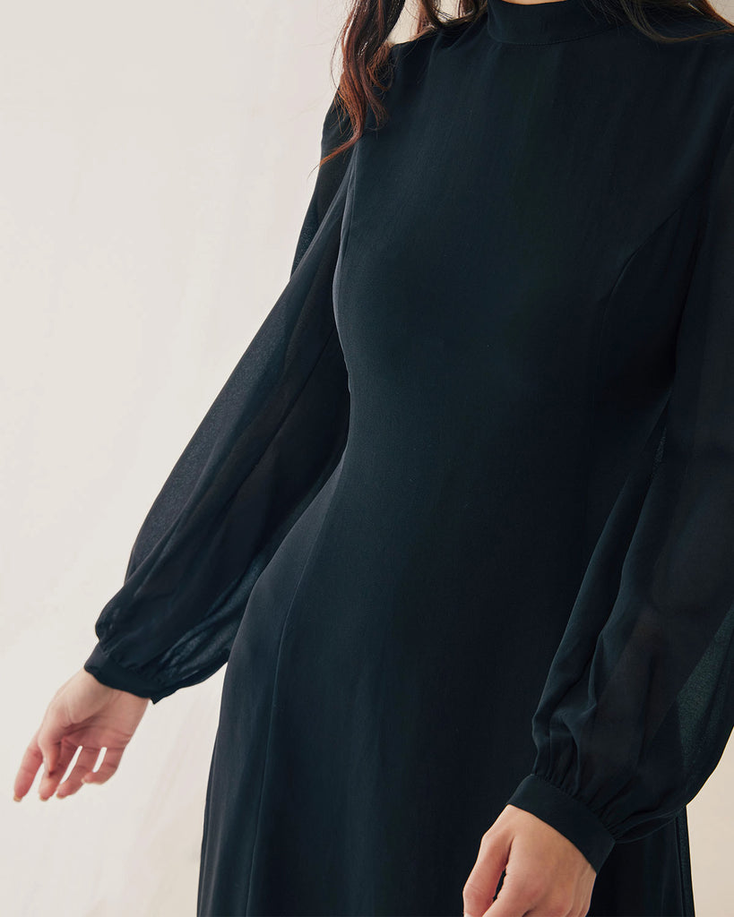 Black Sheer Turtleneck Flowy Midi Dress