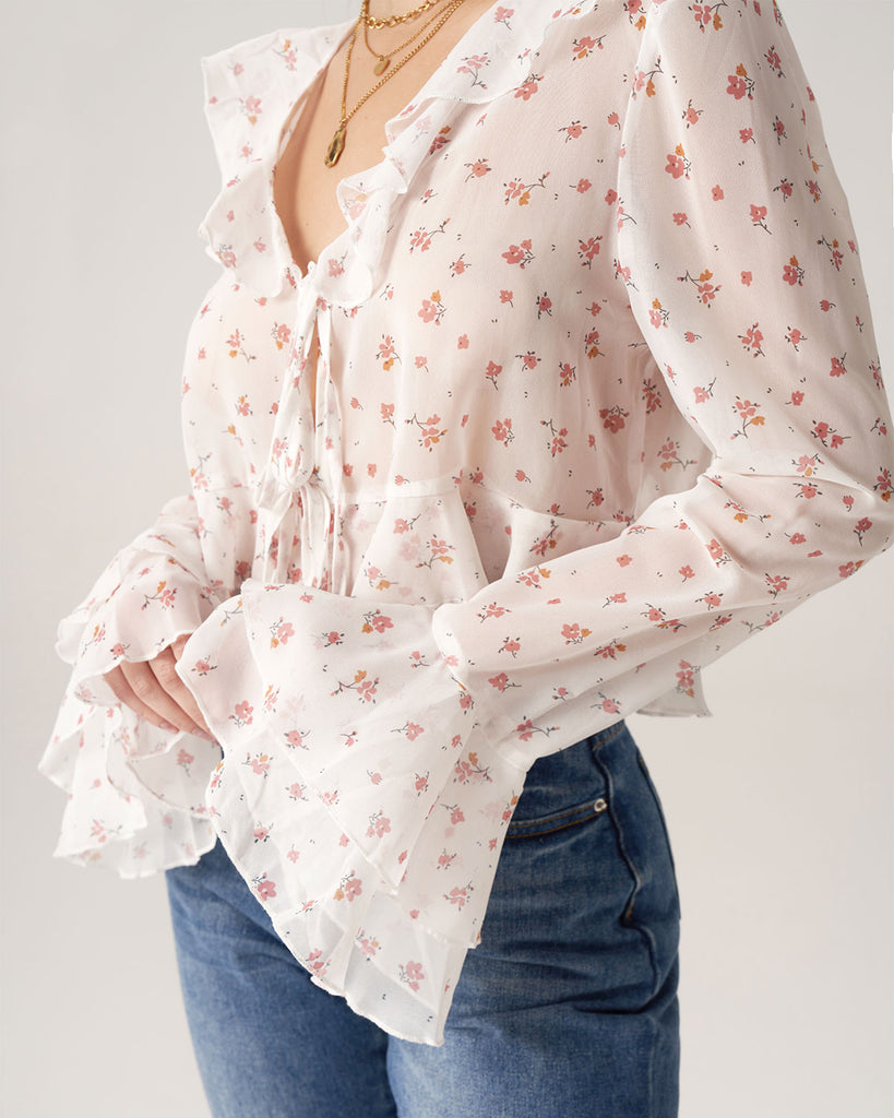 Bettydress Floral See-through Ruffle Blouse