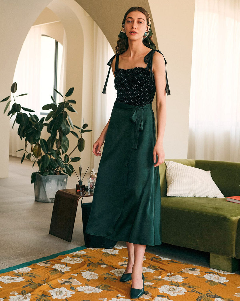 The Tie Waist High Waisted Satin Midi Skirt - RIHOAS