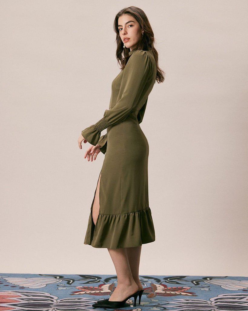 The Army Green Mock Neck Midi Dress Dresses - RIHOAS