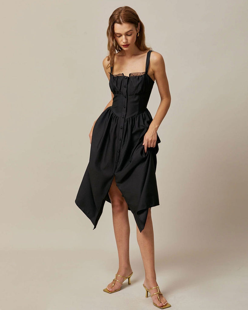 The Black Square Neck Lace Midi Dress Dresses - RIHOAS