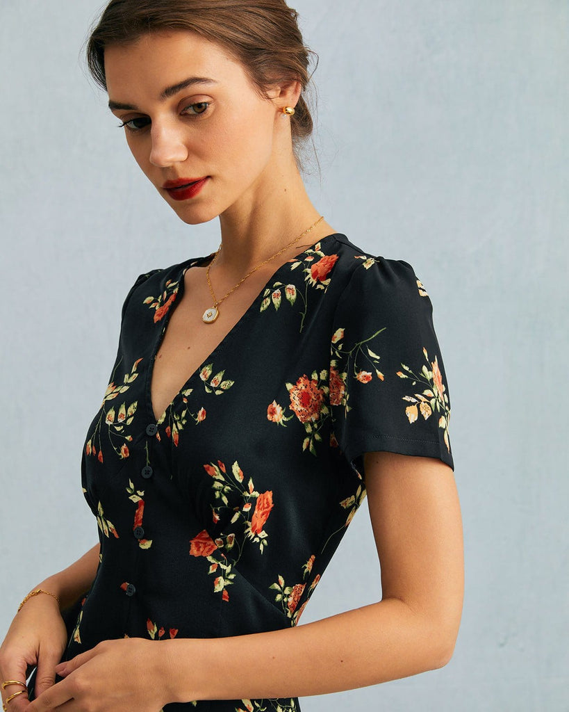 The Black V-Neck Button Detail Floral Maxi Dress Dresses - RIHOAS