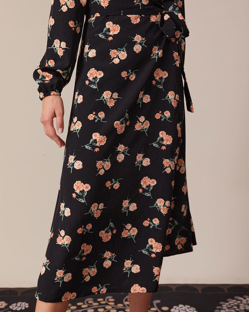 The Black V-Neck Floral Wrap Dress Dresses - RIHOAS