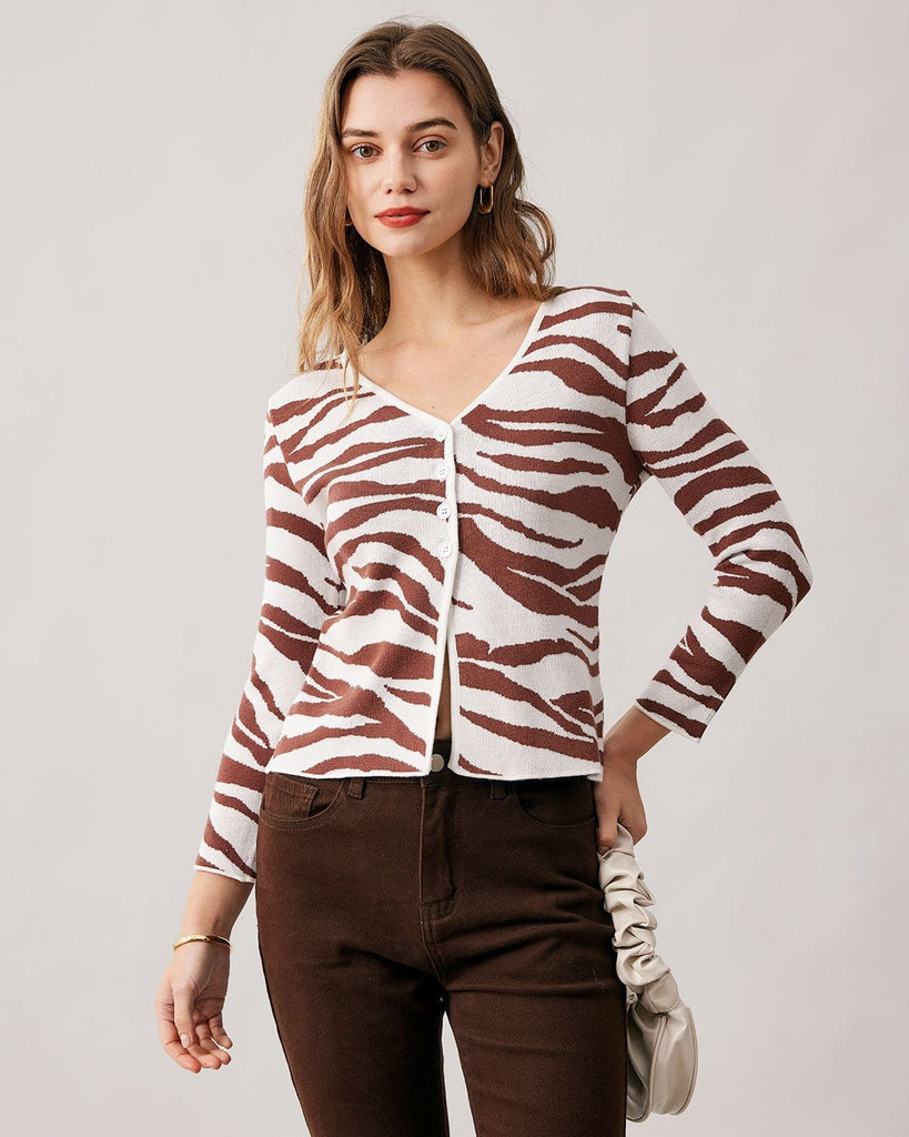 The Coffee V-neck Zebra Knit Cardigan Coffee Tops - RIHOAS