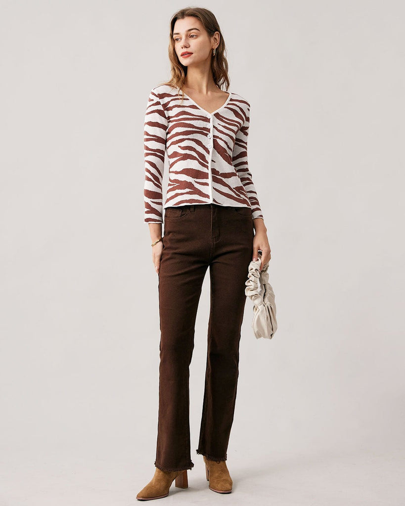 The Coffee V-neck Zebra Knit Cardigan Tops - RIHOAS