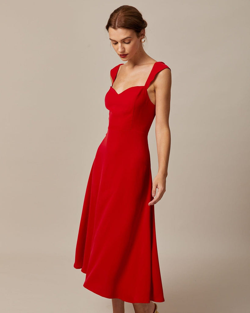 The Red Sweetheart Neck Midi Dress Dresses - RIHOAS