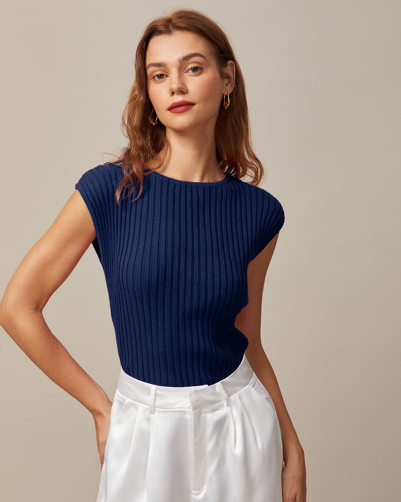 The Solid Slim Ribbed Tee Blue Tops - RIHOAS