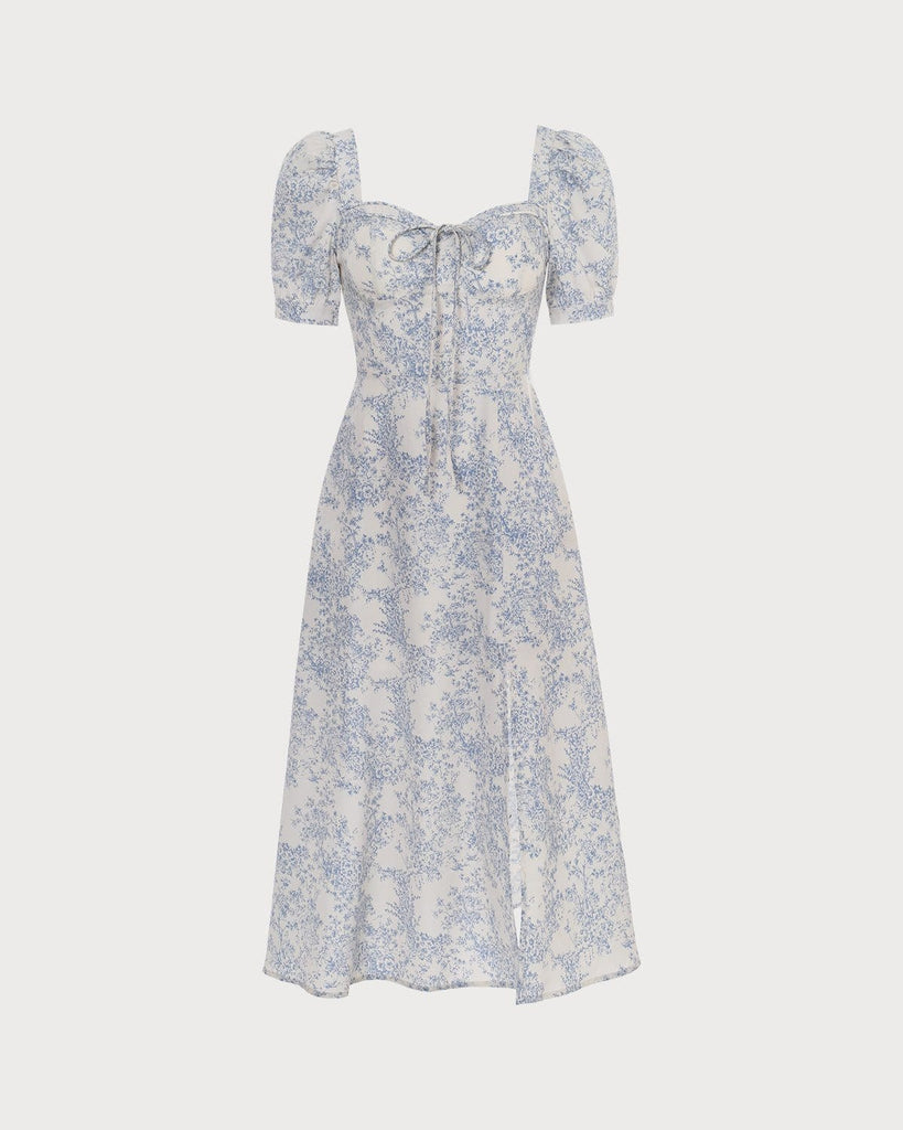 The Sweetheart Neck Puff Sleeve Floral Dress Blue Dresses - RIHOAS